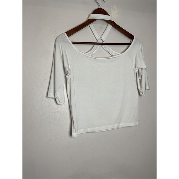 LF Emma & Sam Cropped white Tee front criss cross 3/4 sleeve y2k style NWT L - Picture 10 of 11